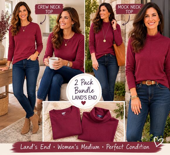 Lands' End Tops - Land's End Women's Medium Knit Top Bundle 2 Pack Burgundy Long Sleeve Mock Neck